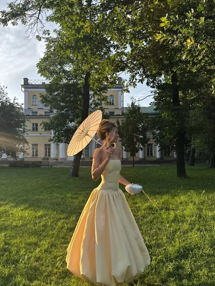 Sunlit Grace - Strapless Midi Dress