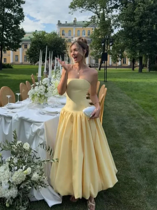 Sunlit Grace - Strapless Midi Dress